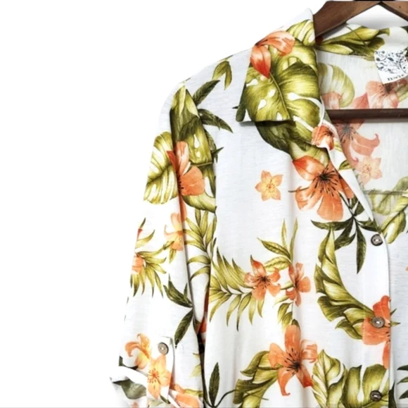 NAIF Tropical Floral Print Roll-Tab Tie Front Casual Top - Picture 4 of 8